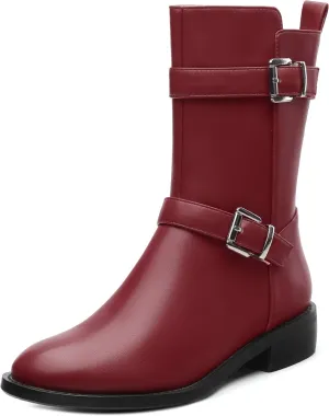 ROSERWISH Mid Calf Boots for Women Riding Ankle Boots Round Toe Low Chunky Heel Short Boots Fashion Fall Winter Combat Booties Buckle Style Dress Boots with Zipper