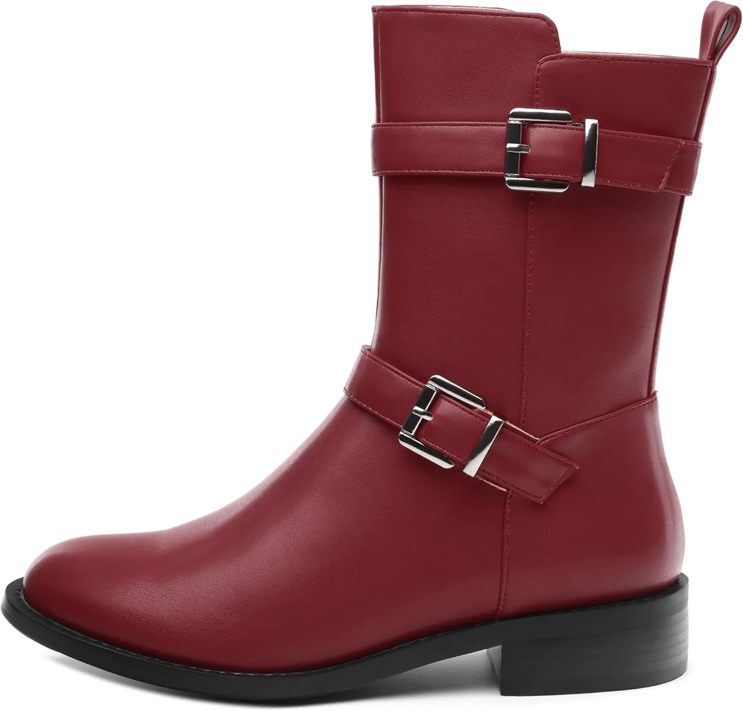 ROSERWISH Mid Calf Boots for Women Riding Ankle Boots Round Toe Low Chunky Heel Short Boots Fashion Fall Winter Combat Booties Buckle Style Dress Boots with Zipper
