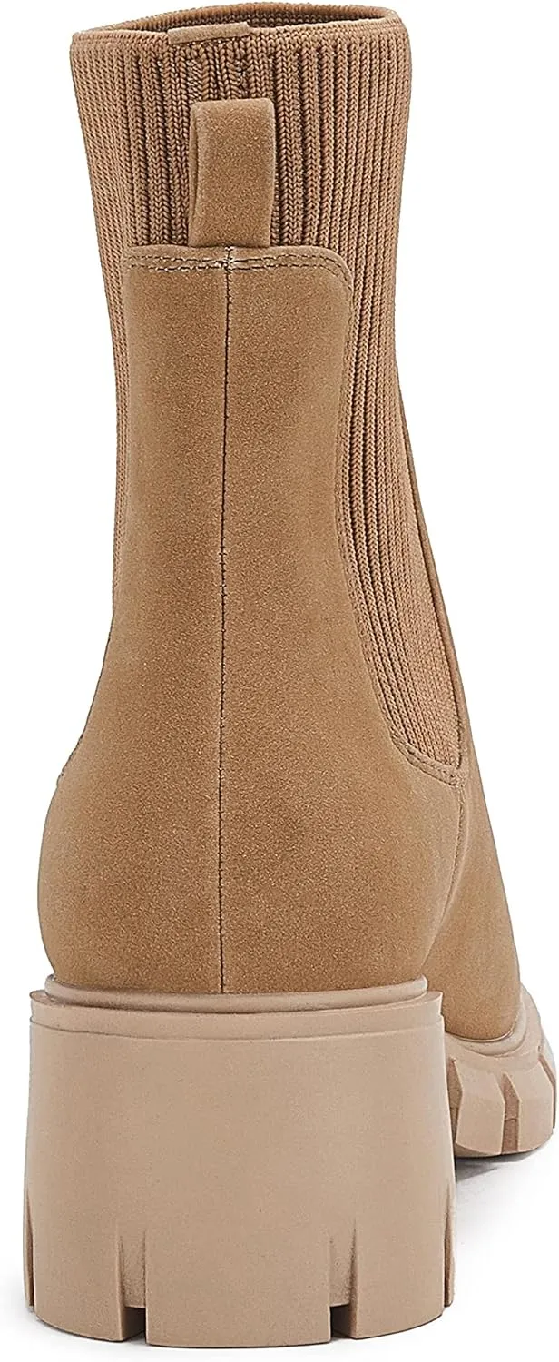 Ruanyu Womens Platform Ankle Boots Elastic Chunky Block Heel Chelsea Booties Lug Sole Non-Slip Combat Shoes