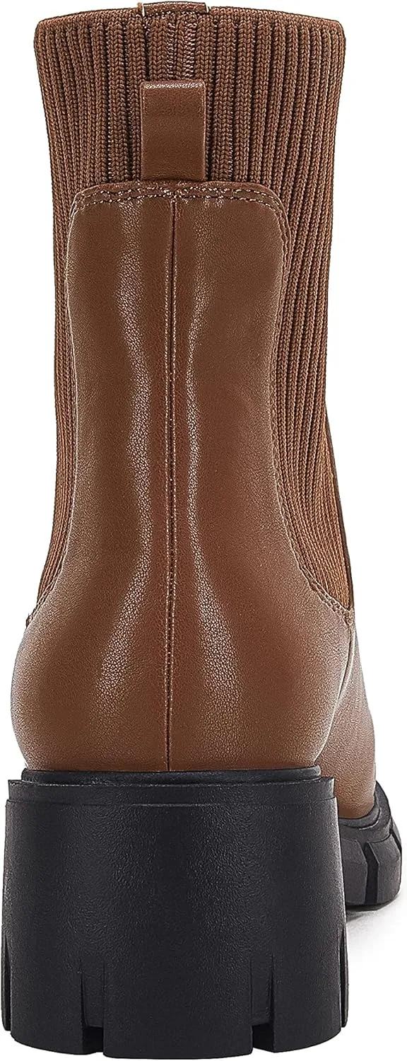 Ruanyu Womens Platform Ankle Boots Elastic Chunky Block Heel Chelsea Booties Lug Sole Non-Slip Combat Shoes