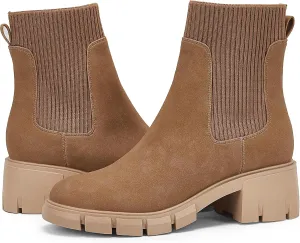 Ruanyu Womens Platform Ankle Boots Elastic Chunky Block Heel Chelsea Booties Lug Sole Non-Slip Combat Shoes
