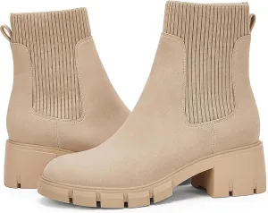 Ruanyu Womens Platform Ankle Boots Elastic Chunky Block Heel Chelsea Booties Lug Sole Non-Slip Combat Shoes