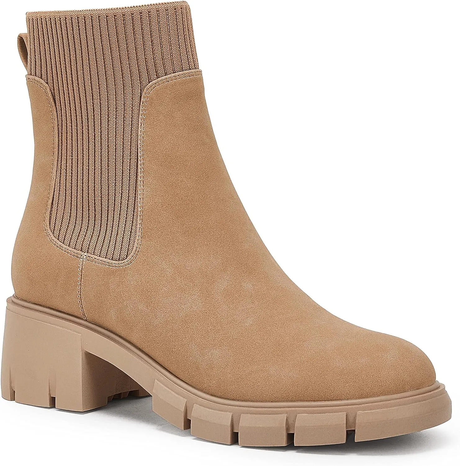 Ruanyu Womens Platform Ankle Boots Elastic Chunky Block Heel Chelsea Booties Lug Sole Non-Slip Combat Shoes