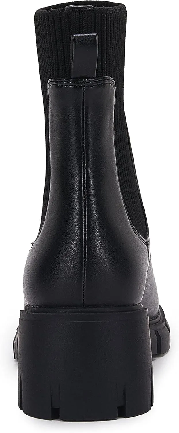 Ruanyu Womens Platform Ankle Boots Elastic Chunky Block Heel Chelsea Booties Lug Sole Non-Slip Combat Shoes
