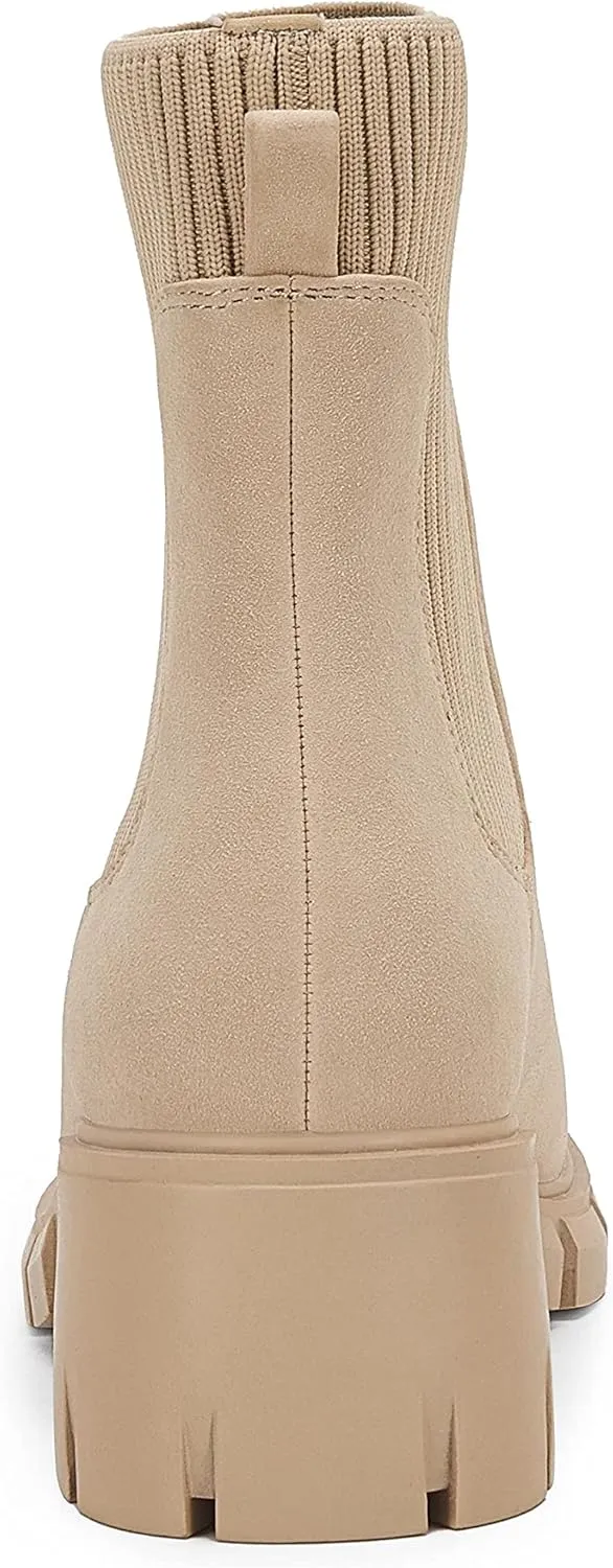 Ruanyu Womens Platform Ankle Boots Elastic Chunky Block Heel Chelsea Booties Lug Sole Non-Slip Combat Shoes
