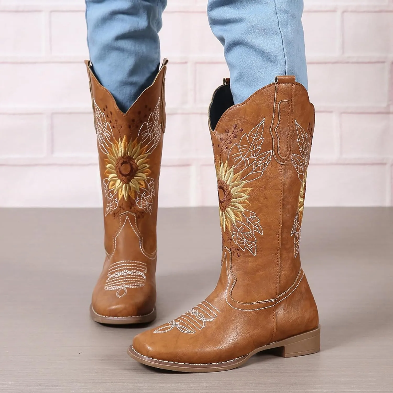 SACFOF Cowboy Boots for Women Sunflower Boots Square Toe Mid Calf Western Embroidery Stitched Low Heel Western Cowgirl Boots