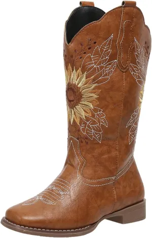 SACFOF Cowboy Boots for Women Sunflower Boots Square Toe Mid Calf Western Embroidery Stitched Low Heel Western Cowgirl Boots