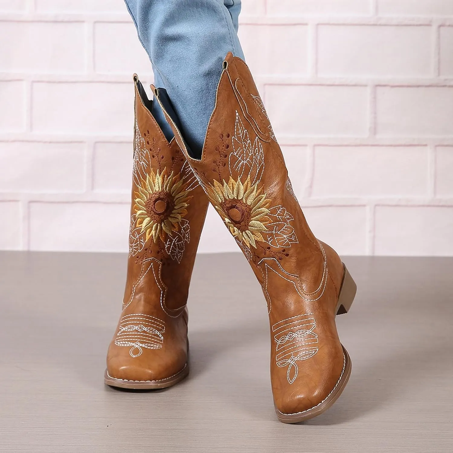 SACFOF Cowboy Boots for Women Sunflower Boots Square Toe Mid Calf Western Embroidery Stitched Low Heel Western Cowgirl Boots