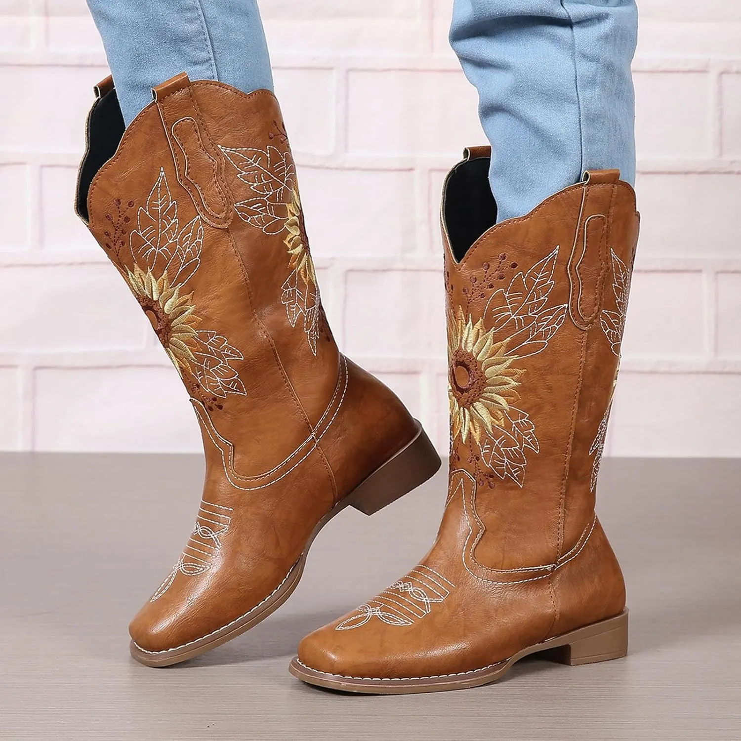 SACFOF Cowboy Boots for Women Sunflower Boots Square Toe Mid Calf Western Embroidery Stitched Low Heel Western Cowgirl Boots