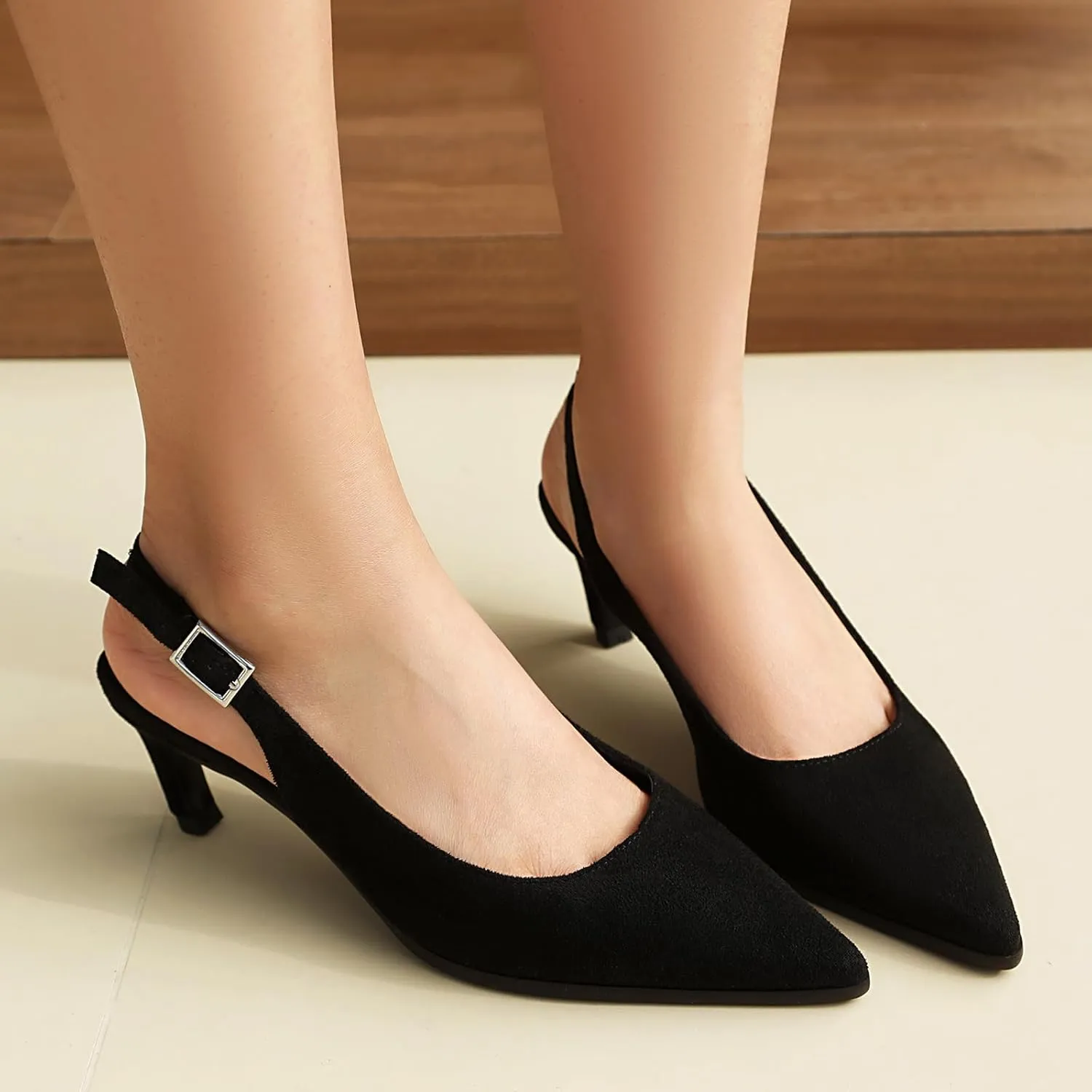 SACFOF Kitten Heels for Women Slingback Pointed Toe Heels Pumps Buckle Strap Stiletto Heeled Sandals Party Wedding Dress Pumps