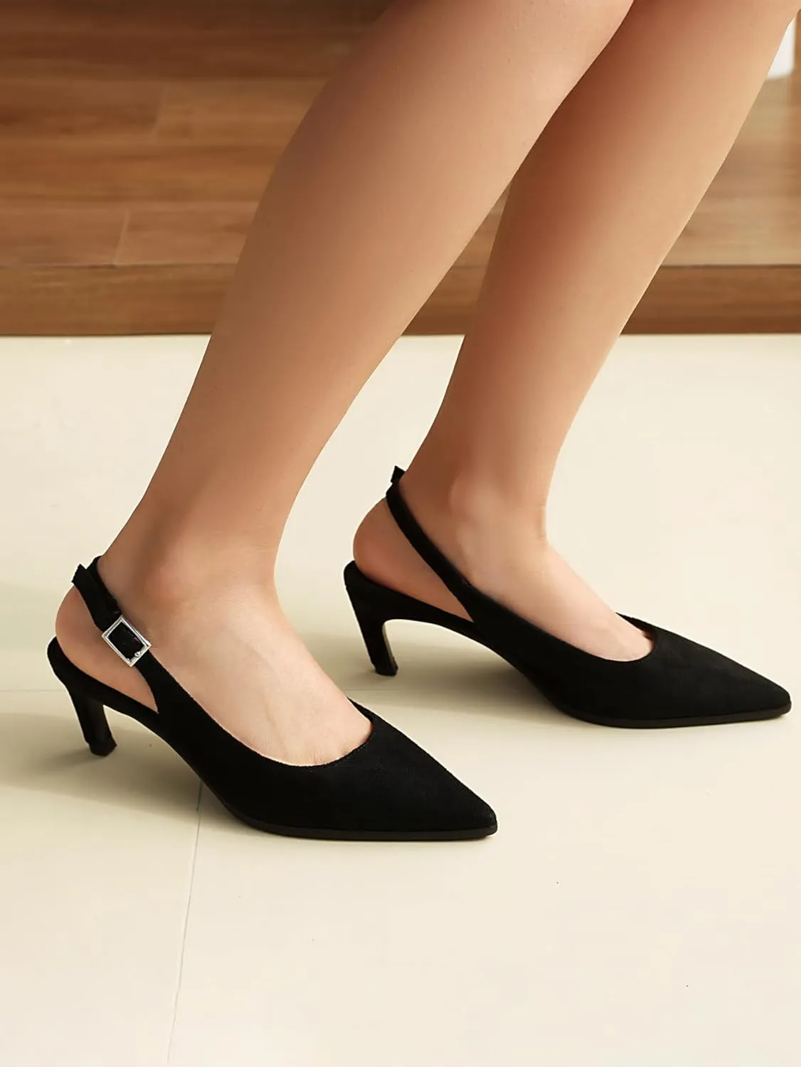 SACFOF Kitten Heels for Women Slingback Pointed Toe Heels Pumps Buckle Strap Stiletto Heeled Sandals Party Wedding Dress Pumps