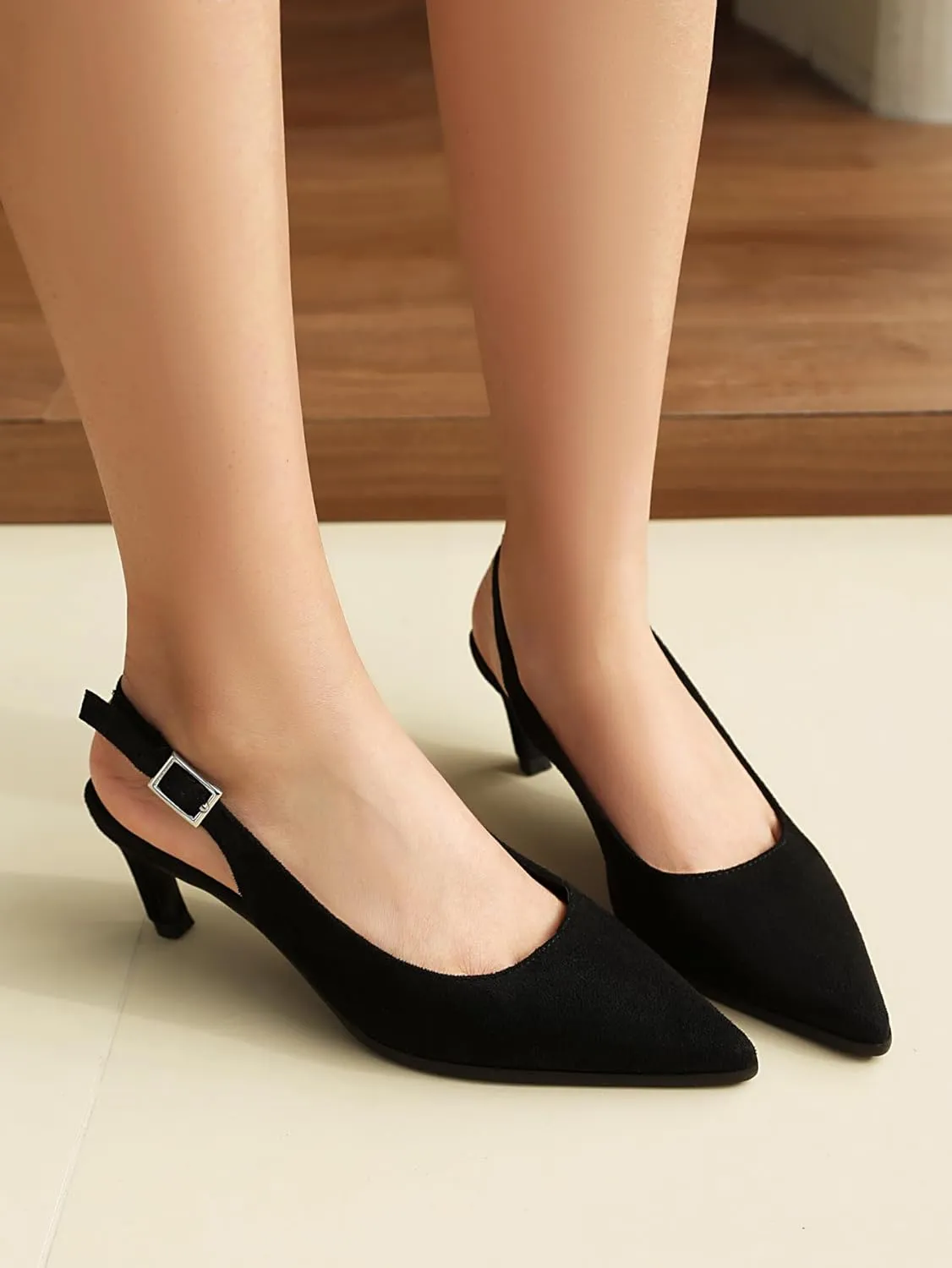 SACFOF Kitten Heels for Women Slingback Pointed Toe Heels Pumps Buckle Strap Stiletto Heeled Sandals Party Wedding Dress Pumps