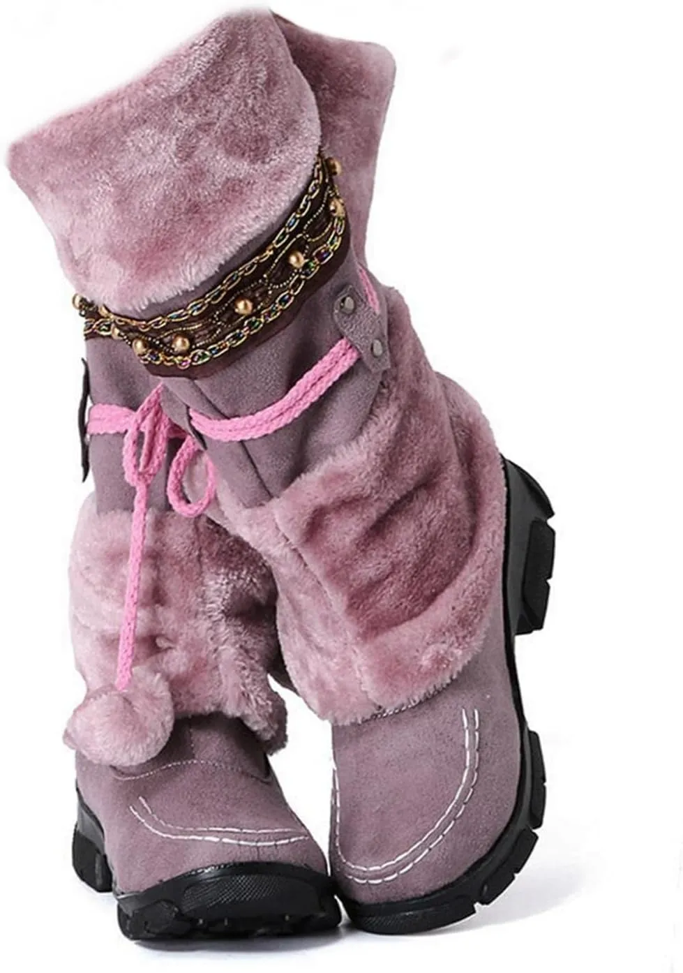 SACFOF Mid Calf Boots for Women,Winter Lace Up Pompoms Platform Anti-Slip Furry Snow Boots Fur Lined Keep Warm Knight Boots
