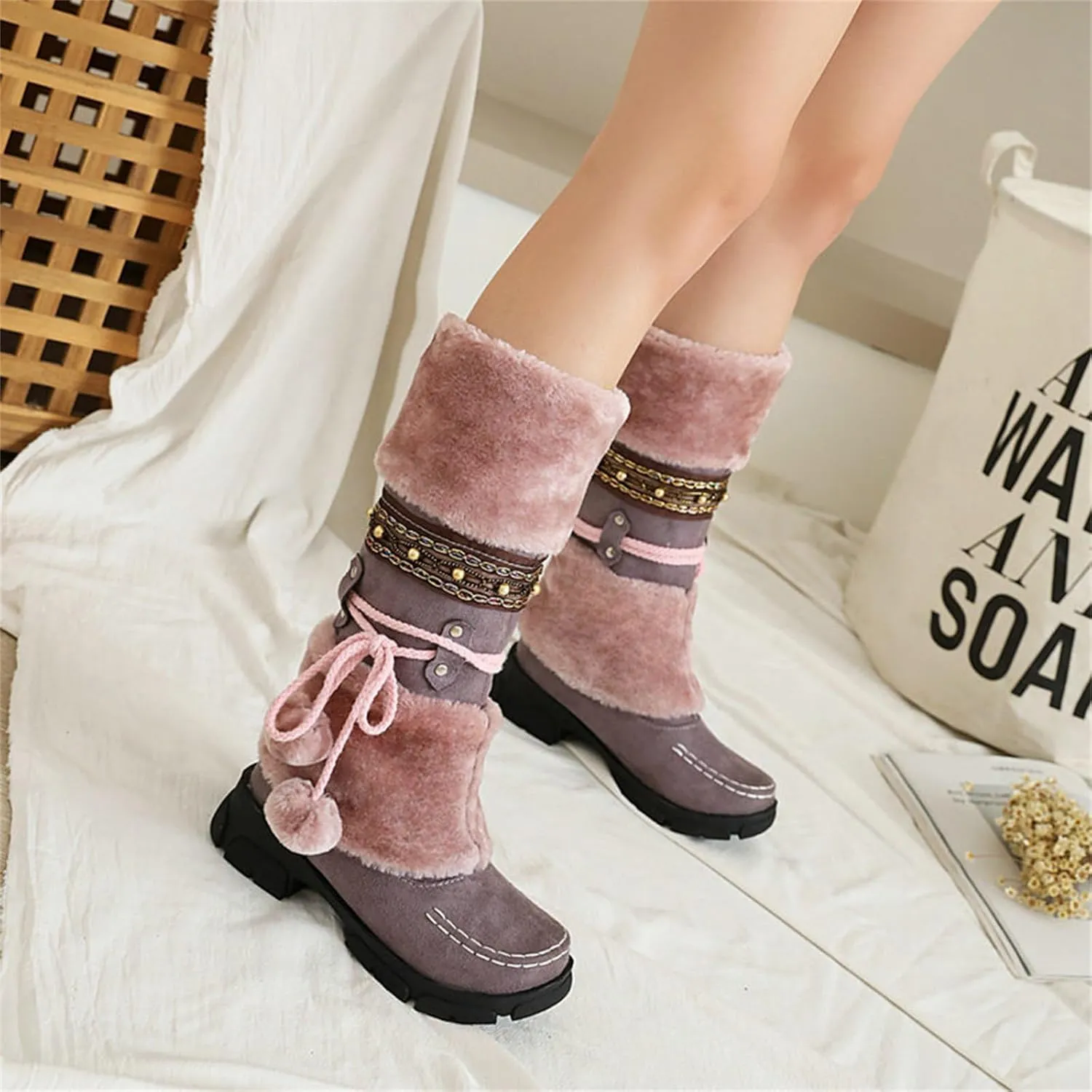 SACFOF Mid Calf Boots for Women,Winter Lace Up Pompoms Platform Anti-Slip Furry Snow Boots Fur Lined Keep Warm Knight Boots