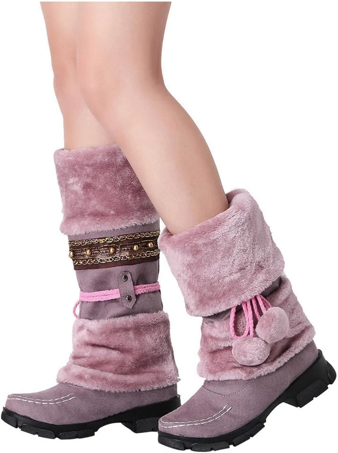 SACFOF Mid Calf Boots for Women,Winter Lace Up Pompoms Platform Anti-Slip Furry Snow Boots Fur Lined Keep Warm Knight Boots