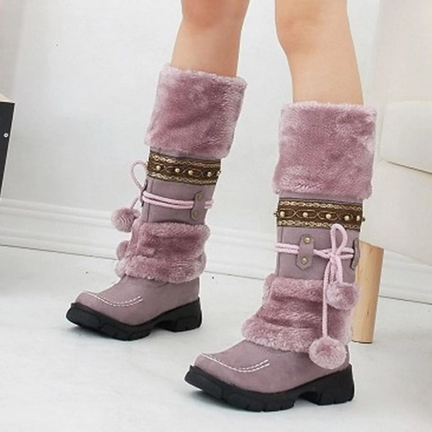 SACFOF Mid Calf Boots for Women,Winter Lace Up Pompoms Platform Anti-Slip Furry Snow Boots Fur Lined Keep Warm Knight Boots