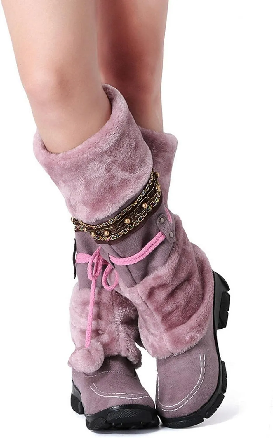 SACFOF Mid Calf Boots for Women,Winter Lace Up Pompoms Platform Anti-Slip Furry Snow Boots Fur Lined Keep Warm Knight Boots