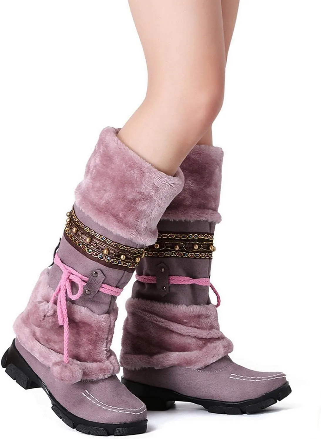 SACFOF Mid Calf Boots for Women,Winter Lace Up Pompoms Platform Anti-Slip Furry Snow Boots Fur Lined Keep Warm Knight Boots