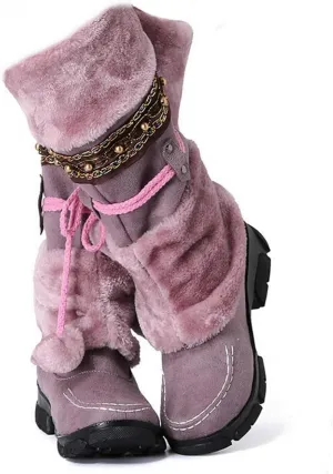SACFOF Mid Calf Boots for Women,Winter Lace Up Pompoms Platform Anti-Slip Furry Snow Boots Fur Lined Keep Warm Knight Boots