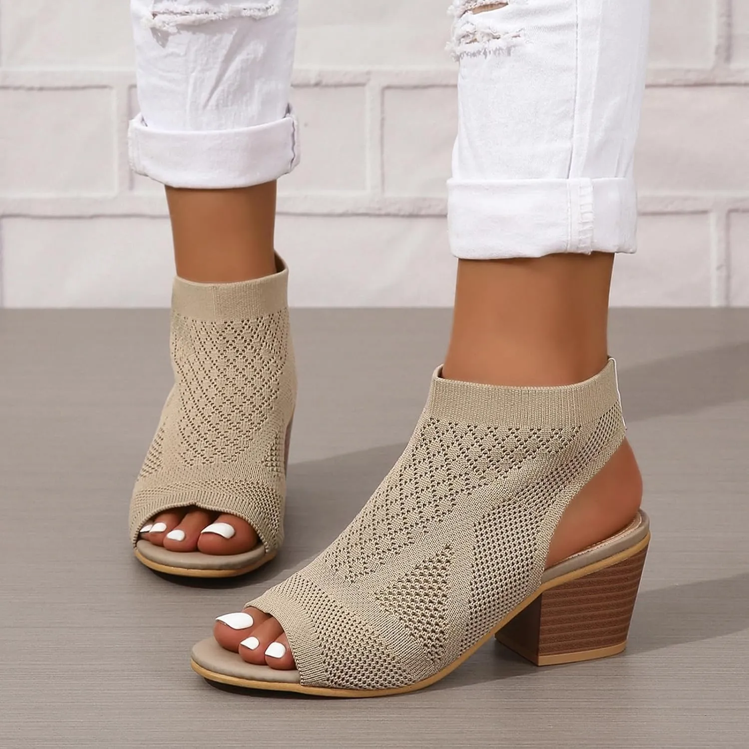 SACFOF Peep Toe Booties for Women Open Toe Knit Chunky Block Heeled Sandals Cutout Breathable Fashion Ankle Booties