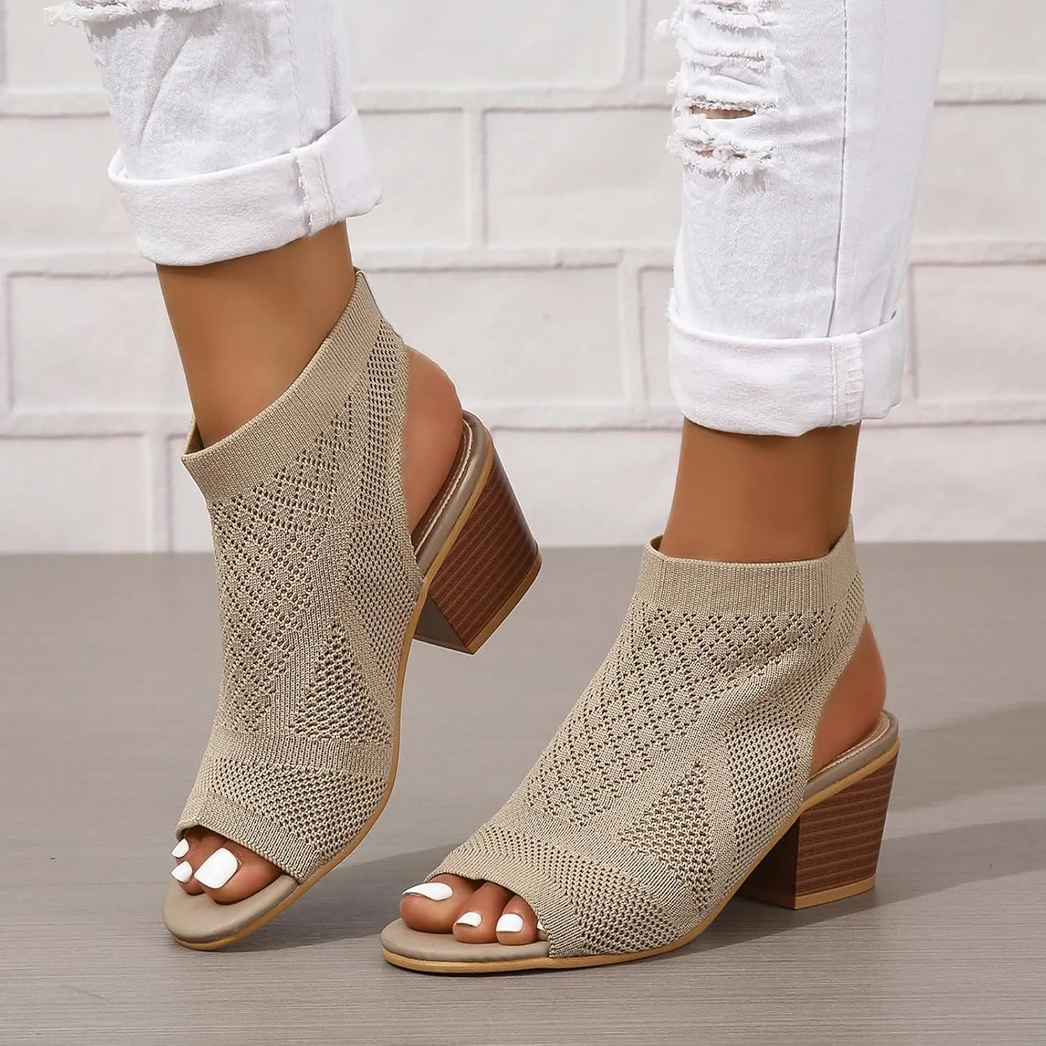 SACFOF Peep Toe Booties for Women Open Toe Knit Chunky Block Heeled Sandals Cutout Breathable Fashion Ankle Booties
