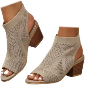 SACFOF Peep Toe Booties for Women Open Toe Knit Chunky Block Heeled Sandals Cutout Breathable Fashion Ankle Booties