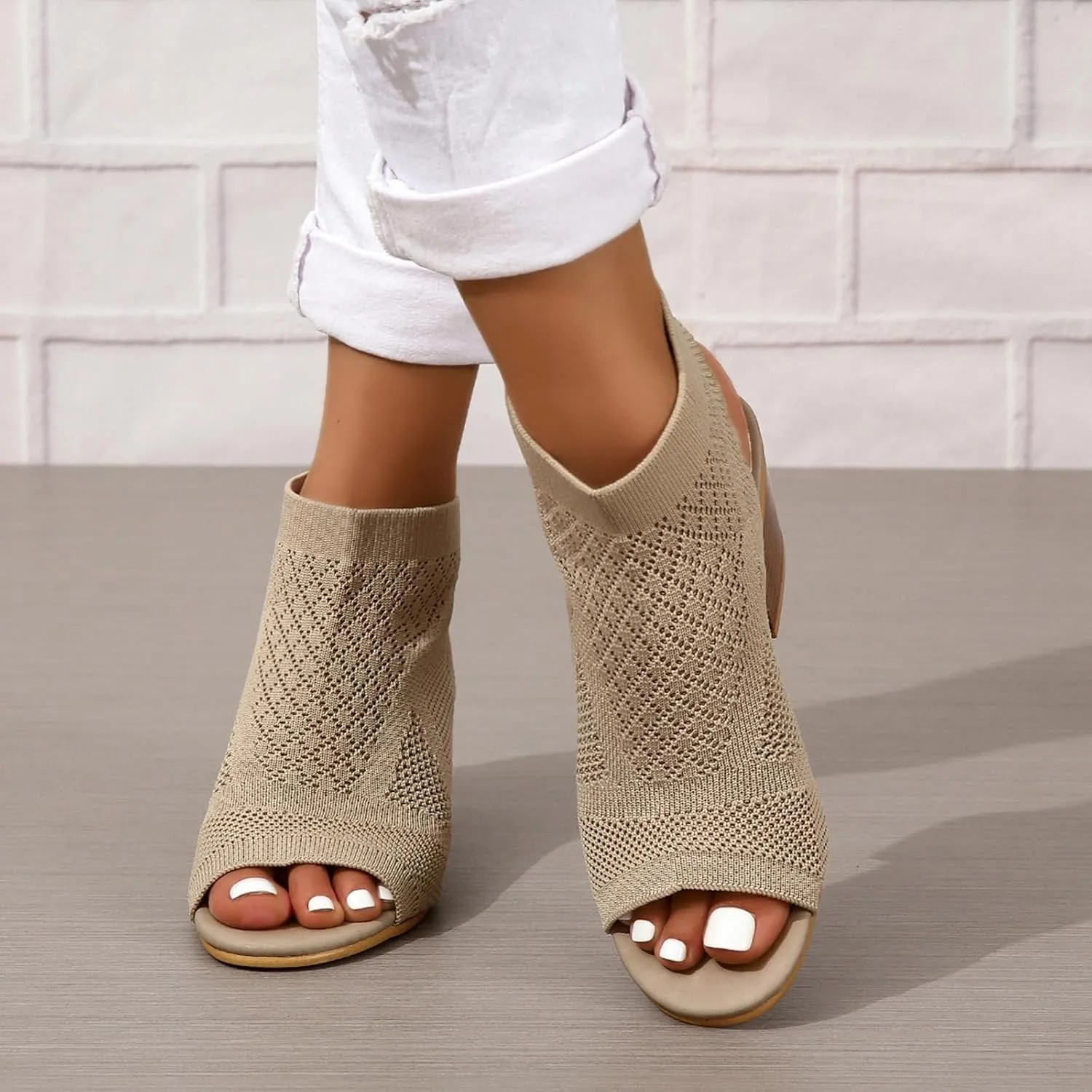 SACFOF Peep Toe Booties for Women Open Toe Knit Chunky Block Heeled Sandals Cutout Breathable Fashion Ankle Booties