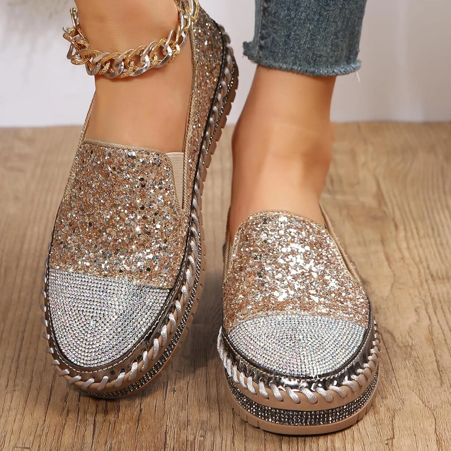 SACFOF Women Rhinestone Platform Loafers Glitter Fashion Slip-On Sparkle Sequin Sneakers Casual Flat Bling Loafers