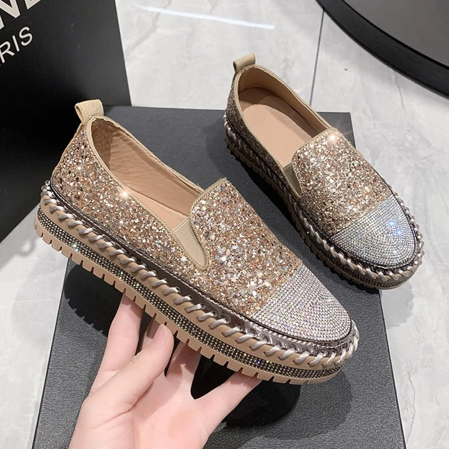 SACFOF Women Rhinestone Platform Loafers Glitter Fashion Slip-On Sparkle Sequin Sneakers Casual Flat Bling Loafers