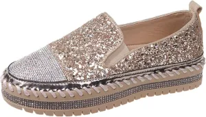 SACFOF Women Rhinestone Platform Loafers Glitter Fashion Slip-On Sparkle Sequin Sneakers Casual Flat Bling Loafers