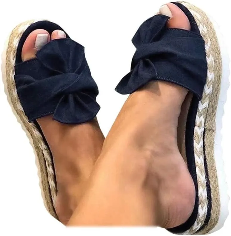 SACFOF Womens Espadrilles Slip on Wedge Sandals Casual Slides Bow Tie Platform Open Toe Summer Dressy Mules Shoes