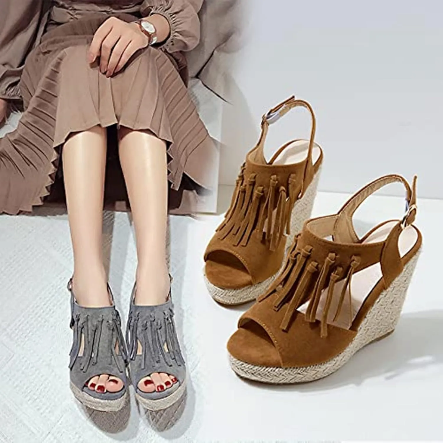 SACFOF Womens Espadrilles Wedges Sandals Tassel Open Toe Slingback High Heel Platform Ankle Strap Summer Party Dress Shoes