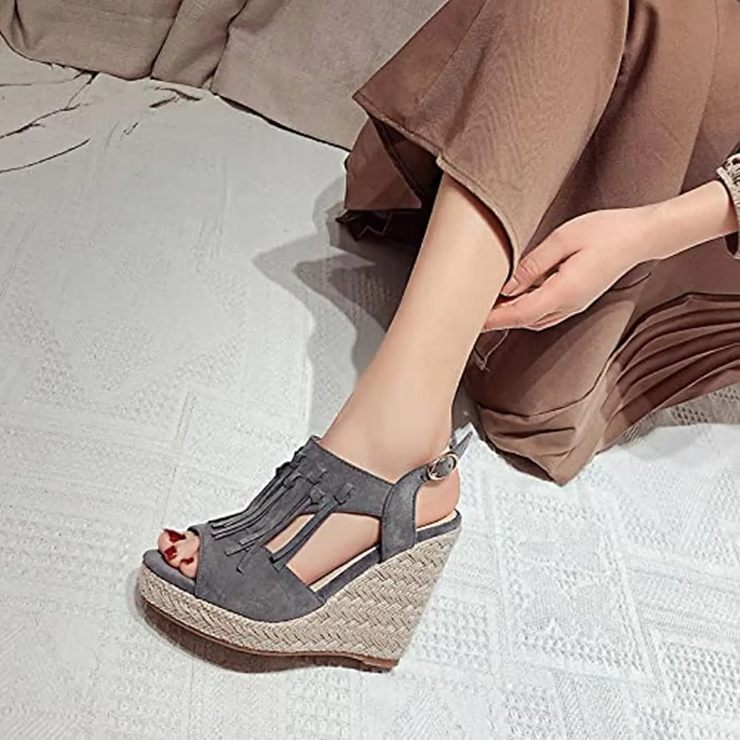 SACFOF Womens Espadrilles Wedges Sandals Tassel Open Toe Slingback High Heel Platform Ankle Strap Summer Party Dress Shoes