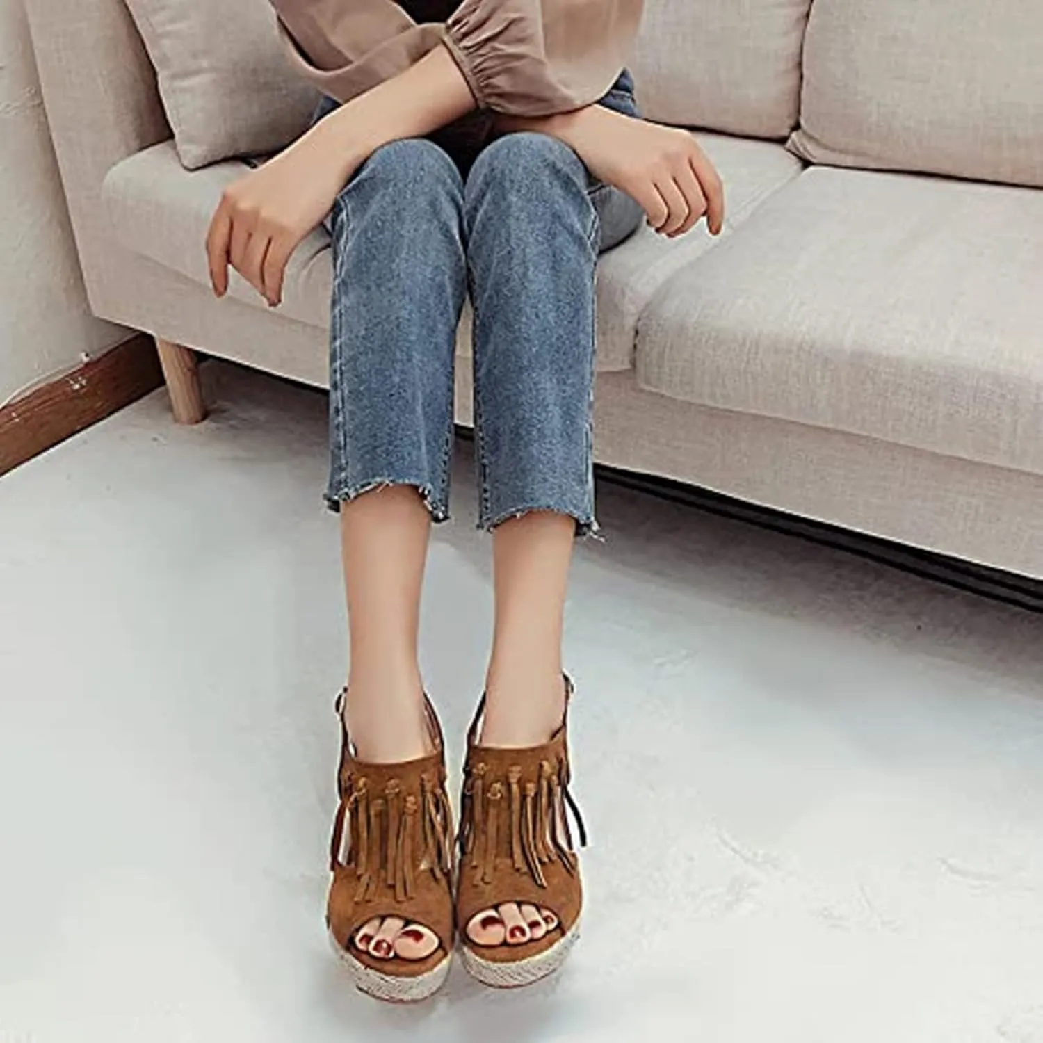 SACFOF Womens Espadrilles Wedges Sandals Tassel Open Toe Slingback High Heel Platform Ankle Strap Summer Party Dress Shoes