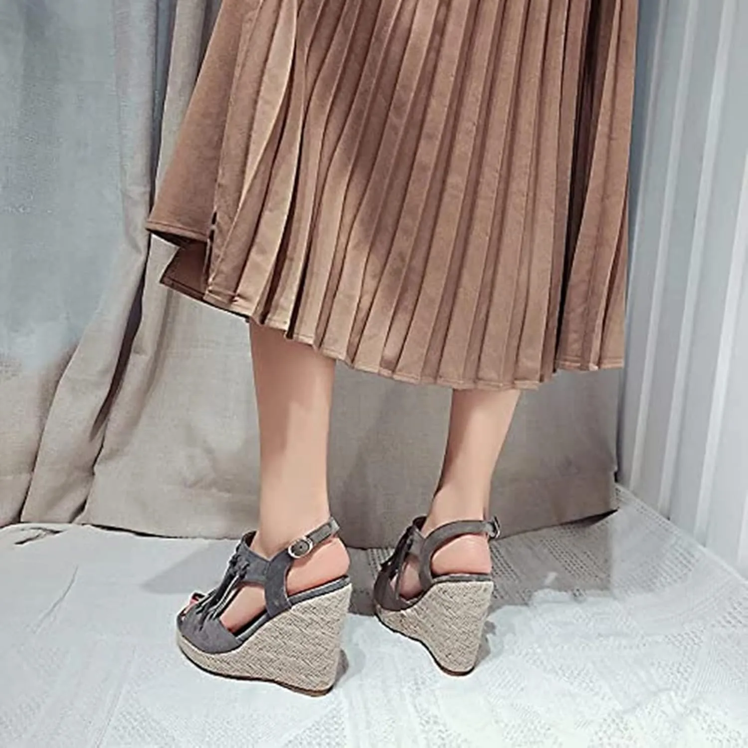 SACFOF Womens Espadrilles Wedges Sandals Tassel Open Toe Slingback High Heel Platform Ankle Strap Summer Party Dress Shoes