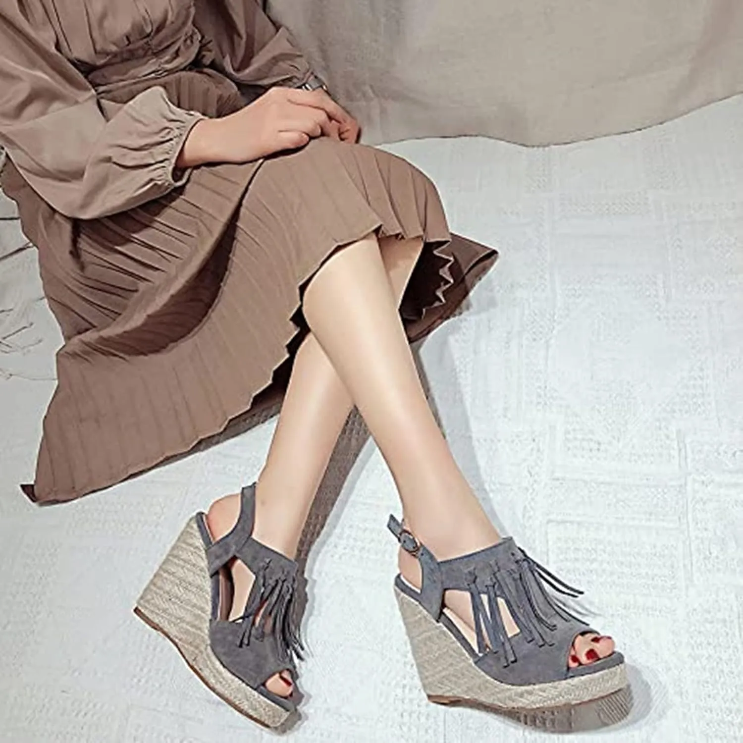 SACFOF Womens Espadrilles Wedges Sandals Tassel Open Toe Slingback High Heel Platform Ankle Strap Summer Party Dress Shoes