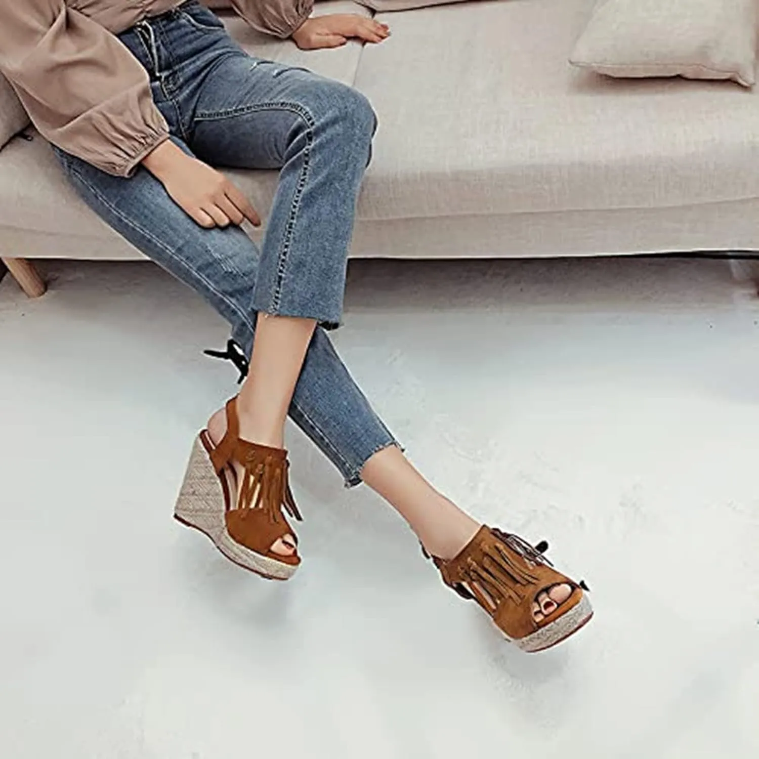 SACFOF Womens Espadrilles Wedges Sandals Tassel Open Toe Slingback High Heel Platform Ankle Strap Summer Party Dress Shoes