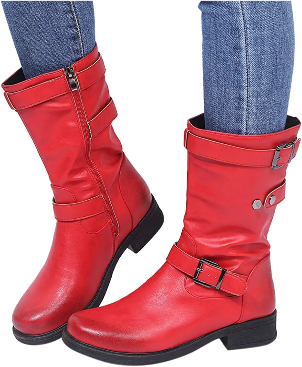 SACFOF Womens Mid Calf Boots Round Toe Low Block Heel Buckle Strap Faux Leather Zipper Riding Motorcycle Booties