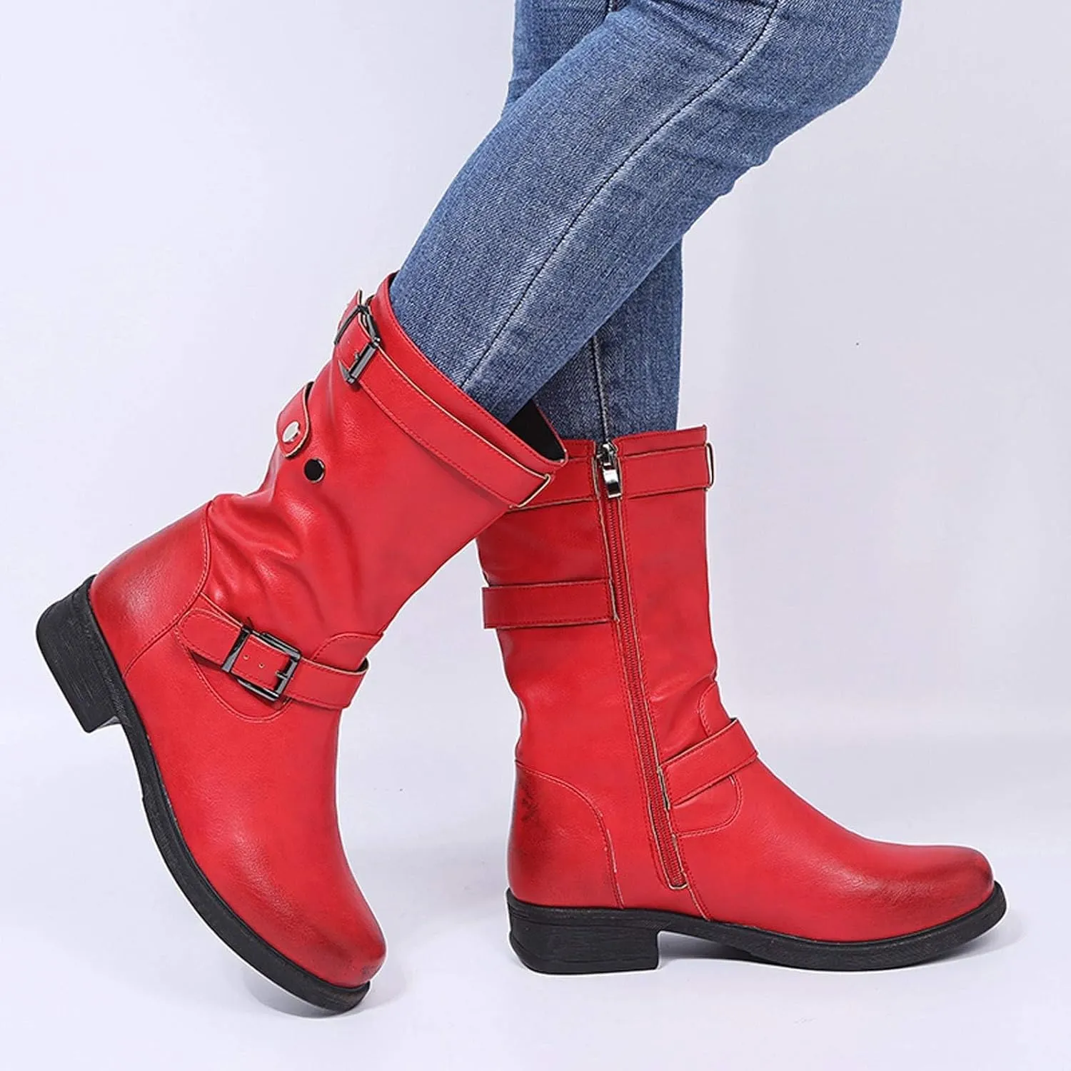 SACFOF Womens Mid Calf Boots Round Toe Low Block Heel Buckle Strap Faux Leather Zipper Riding Motorcycle Booties
