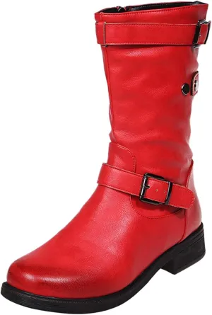 SACFOF Womens Mid Calf Boots Round Toe Low Block Heel Buckle Strap Faux Leather Zipper Riding Motorcycle Booties