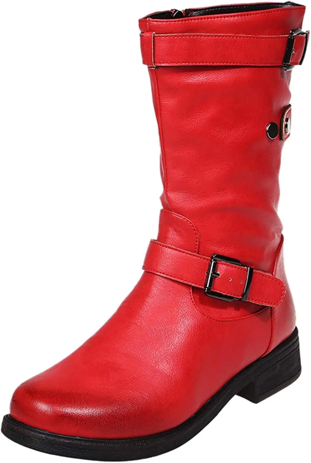 SACFOF Womens Mid Calf Boots Round Toe Low Block Heel Buckle Strap Faux Leather Zipper Riding Motorcycle Booties