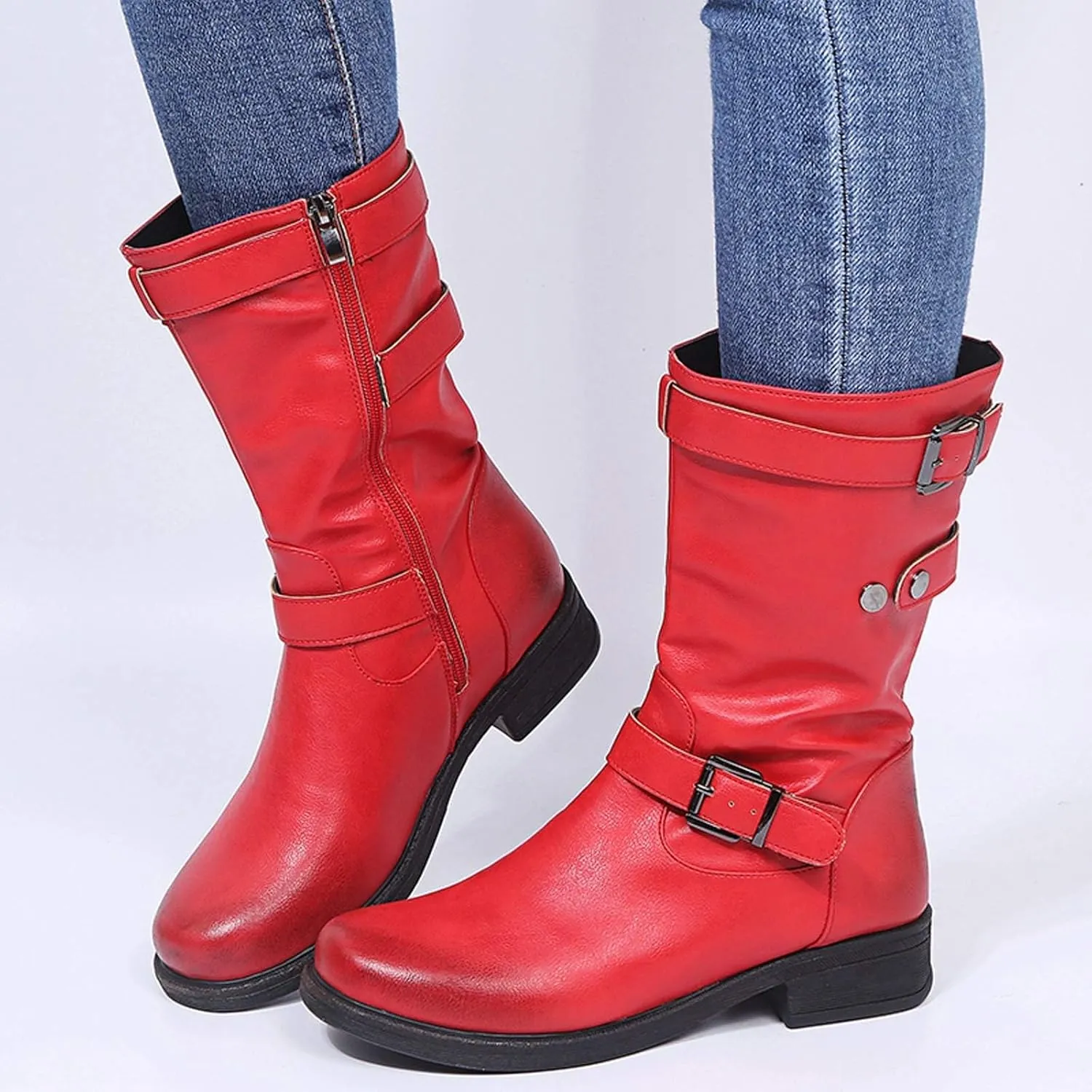 SACFOF Womens Mid Calf Boots Round Toe Low Block Heel Buckle Strap Faux Leather Zipper Riding Motorcycle Booties