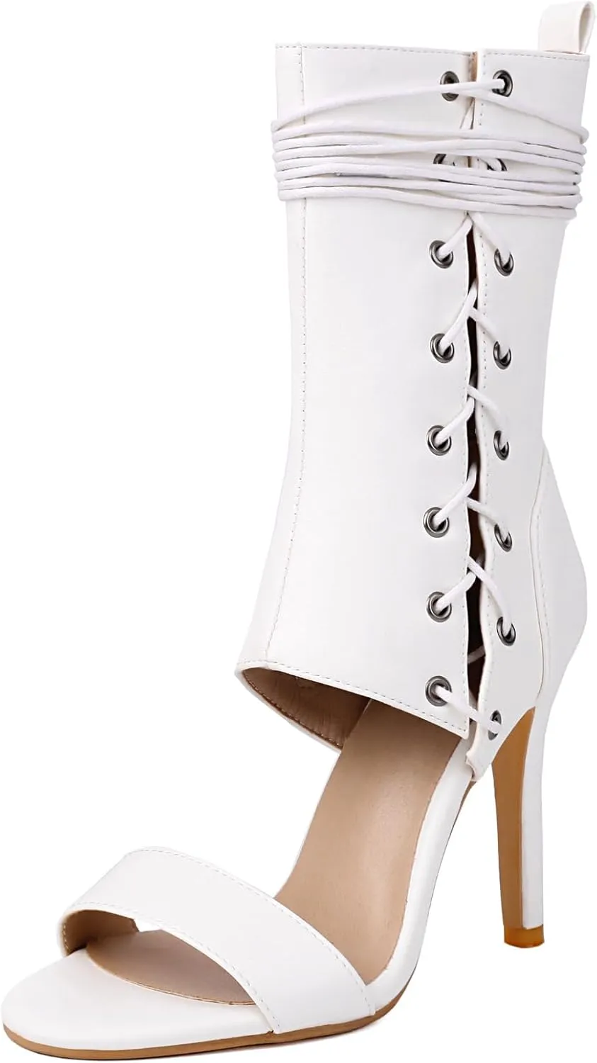 SACFOF Women's Open Toe Stiletto Dance High Heels Sandals Summer Lace Up Ankle Booties Sexy Dress Pumps with Zipper