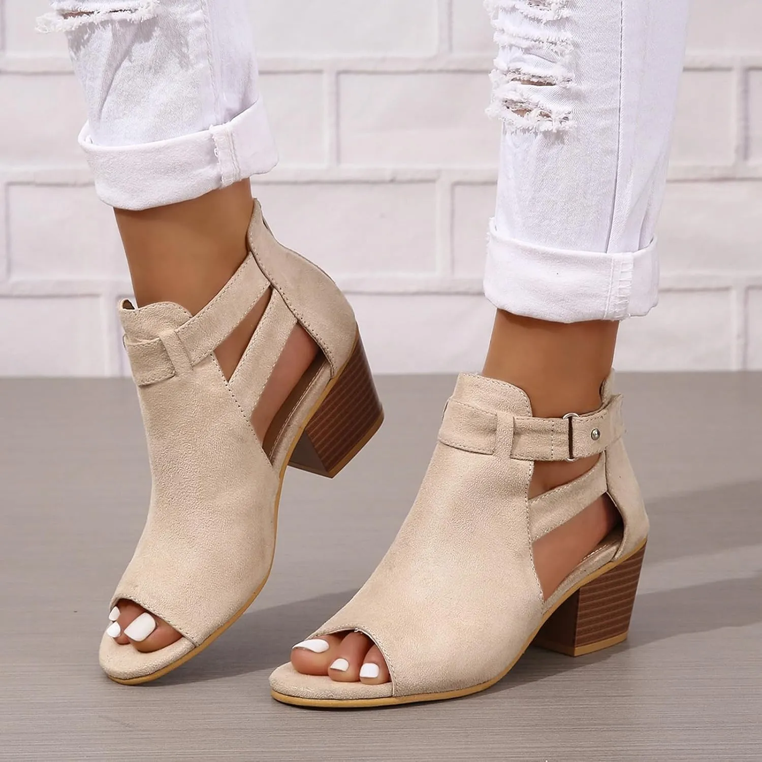 SACFOF Womens Peep Toe Booties Cutout Side Strap Mid Black Chunky Heel Cutout Sandals Ankle Bootie with Back Zipper