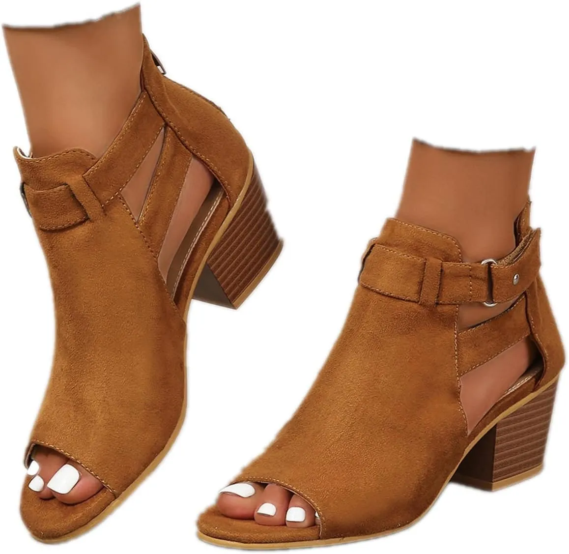 SACFOF Womens Peep Toe Booties Cutout Side Strap Mid Black Chunky Heel Cutout Sandals Ankle Bootie with Back Zipper