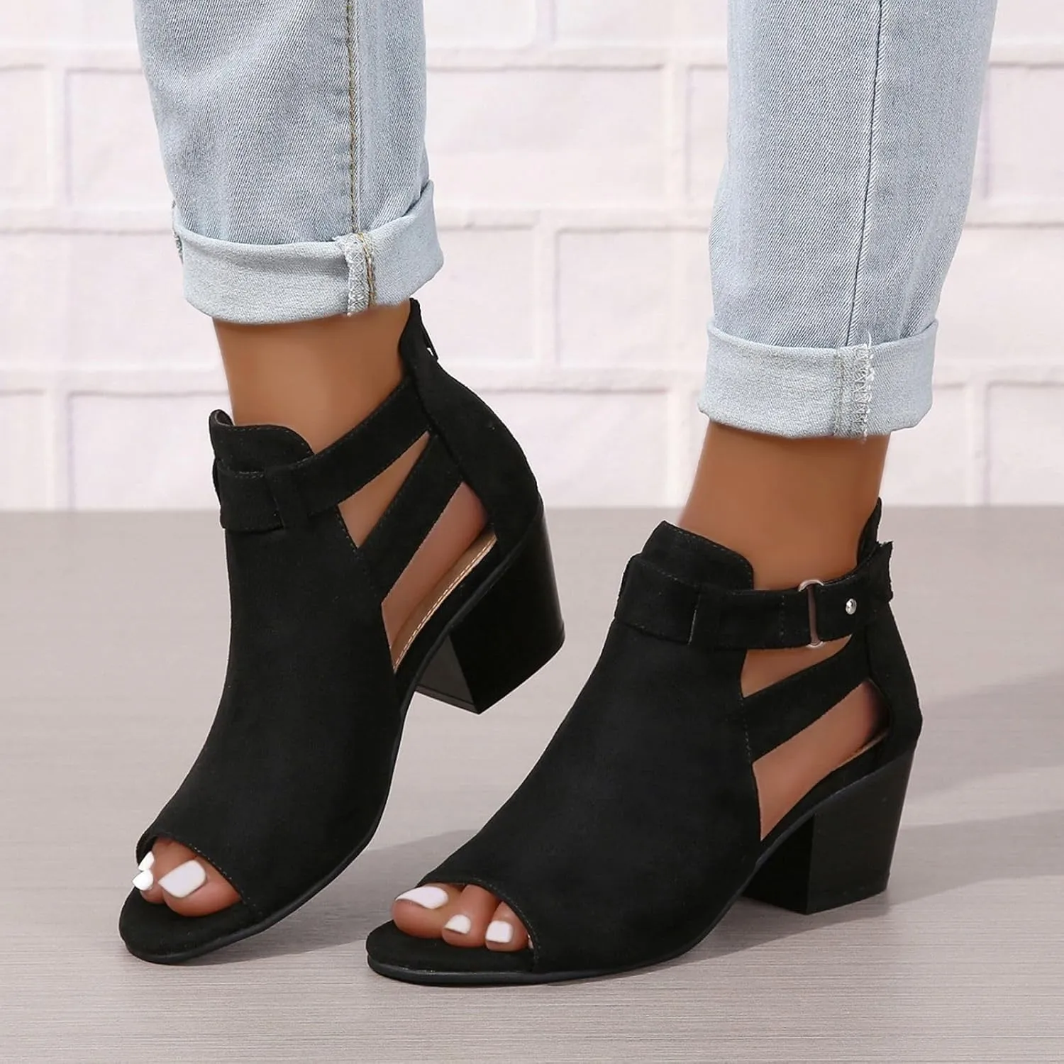 SACFOF Womens Peep Toe Booties Suede Cutout Side Strap Mid Black Chunky Heel Cutout Dress Sandals Ankle Booties