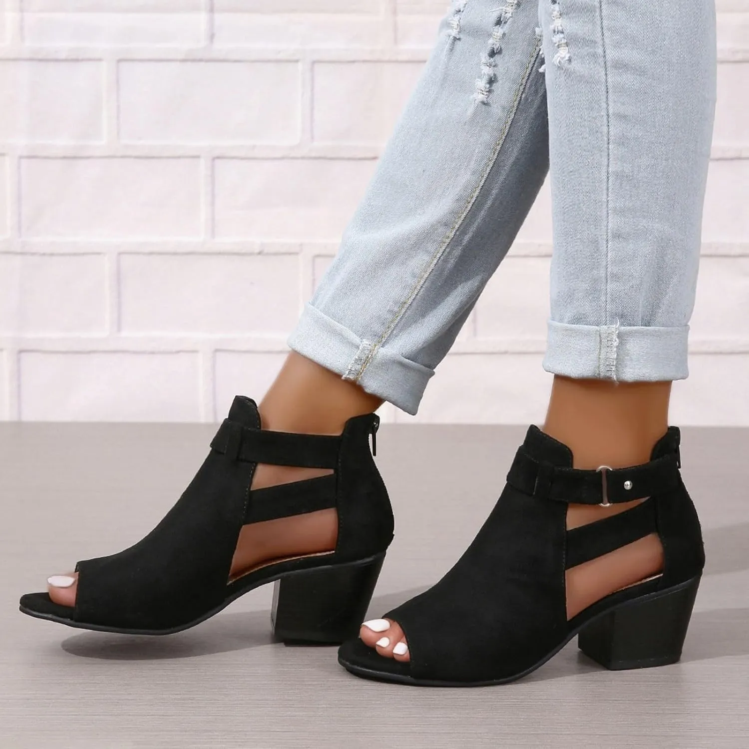 SACFOF Womens Peep Toe Booties Suede Cutout Side Strap Mid Black Chunky Heel Cutout Dress Sandals Ankle Booties