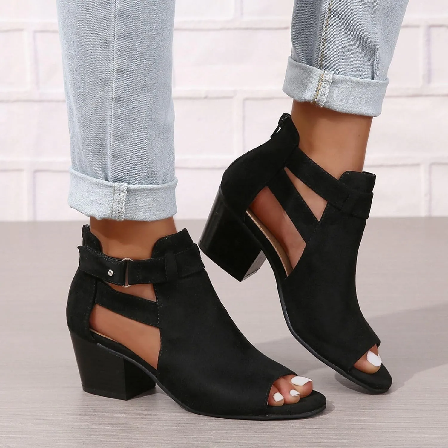 SACFOF Womens Peep Toe Booties Suede Cutout Side Strap Mid Black Chunky Heel Cutout Dress Sandals Ankle Booties