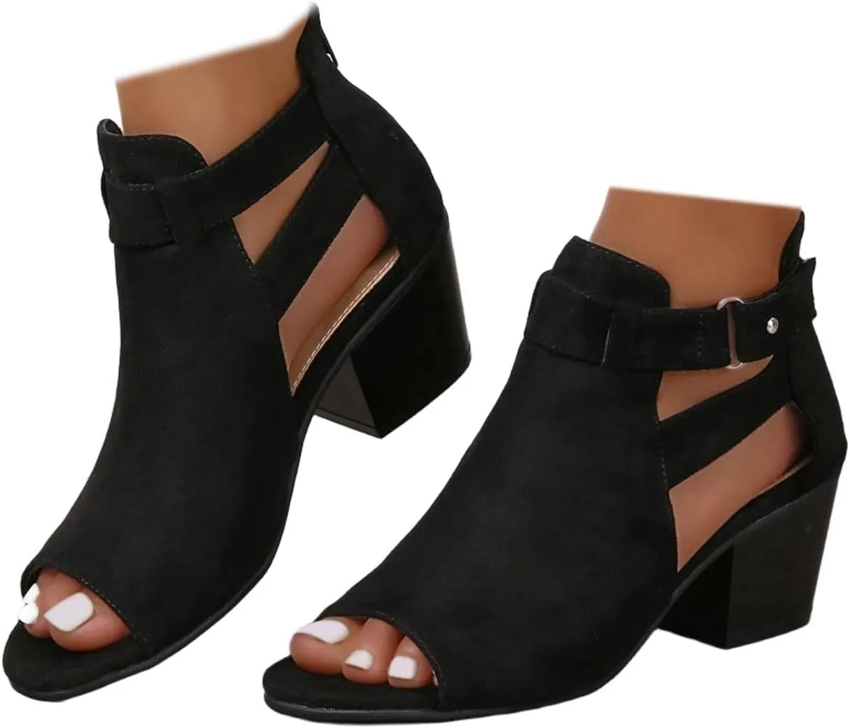 SACFOF Womens Peep Toe Booties Suede Cutout Side Strap Mid Black Chunky Heel Cutout Dress Sandals Ankle Booties