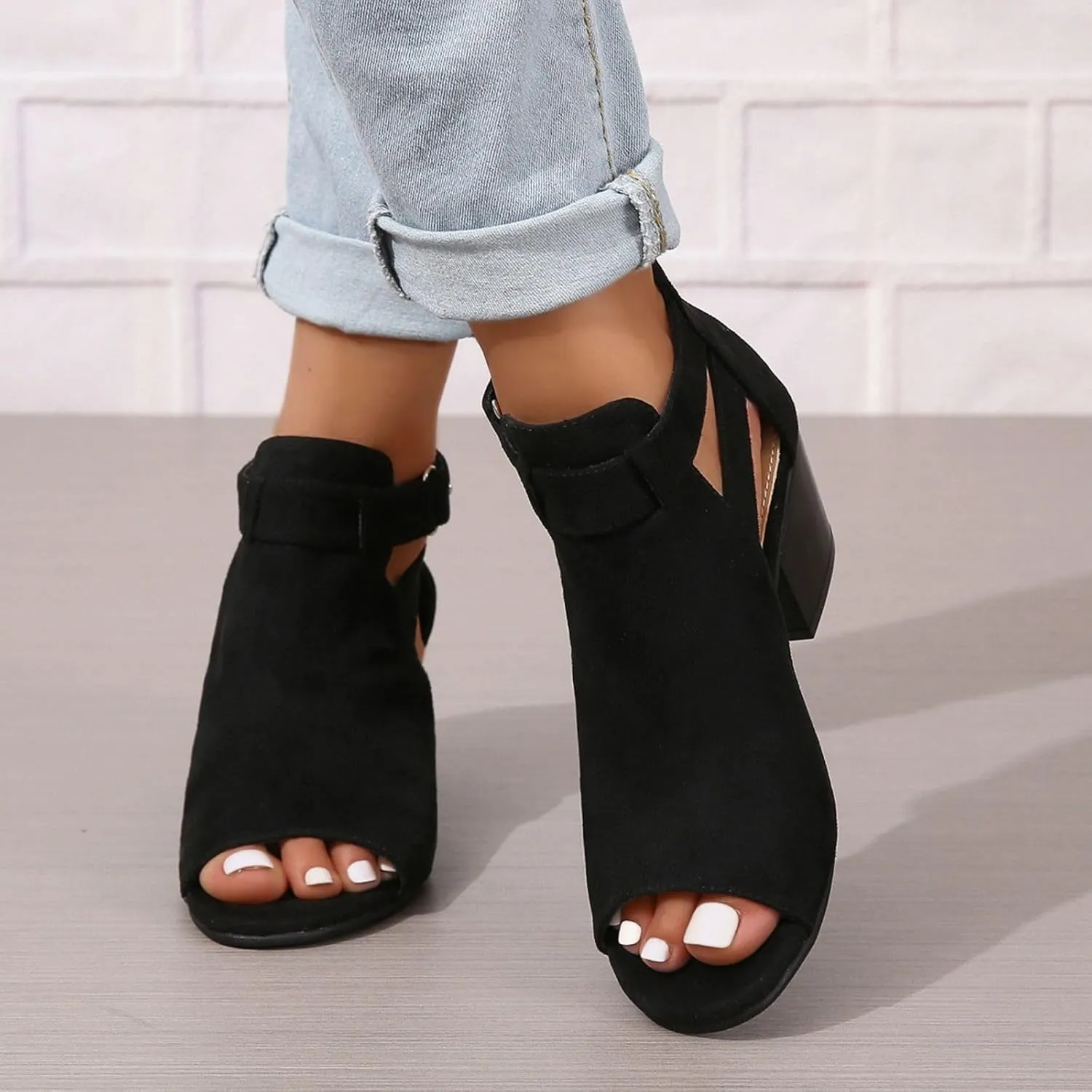 SACFOF Womens Peep Toe Booties Suede Cutout Side Strap Mid Black Chunky Heel Cutout Dress Sandals Ankle Booties